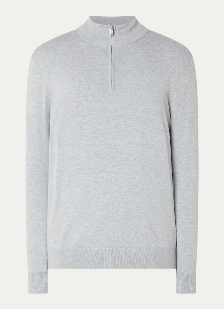 Profuomo Heren Luxury fijngebreide trui met halve rits in de kleur Lichtgrijs, maat: XL