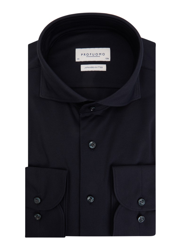 Profuomo Heren Japanese knitted regular fit overhemd met cut away kraag in de kleur Donkerblauw, maat: 42