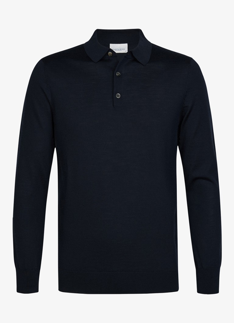 Profuomo Heren Fijngebreide trui van wol met polokraag in de kleur Donkerblauw, maat: XXL