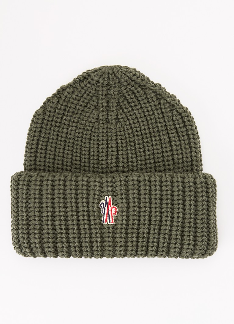 Moncler Heren Grofgebreide muts van wol met logo in de kleur Legergroen, maat: One Size