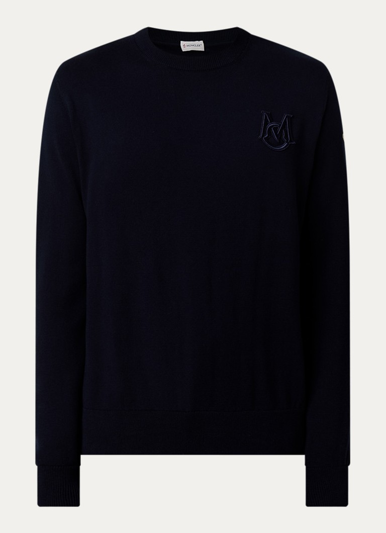 Moncler Heren Fijngebreide pullover met logoborduring in de kleur Donkerblauw, maat: L