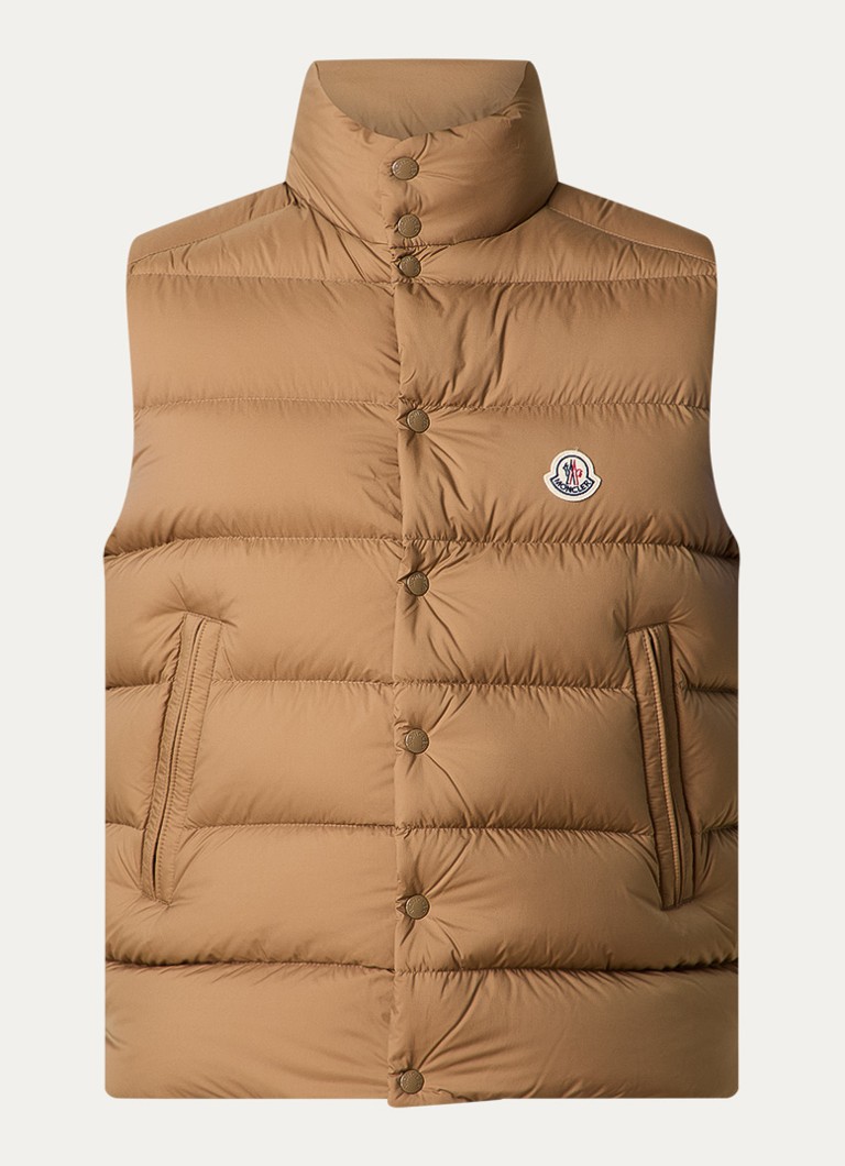 Moncler Heren Tibb gewatteerde bodywarmer met donsvulling en logo in de kleur Camel, maat: 2/M