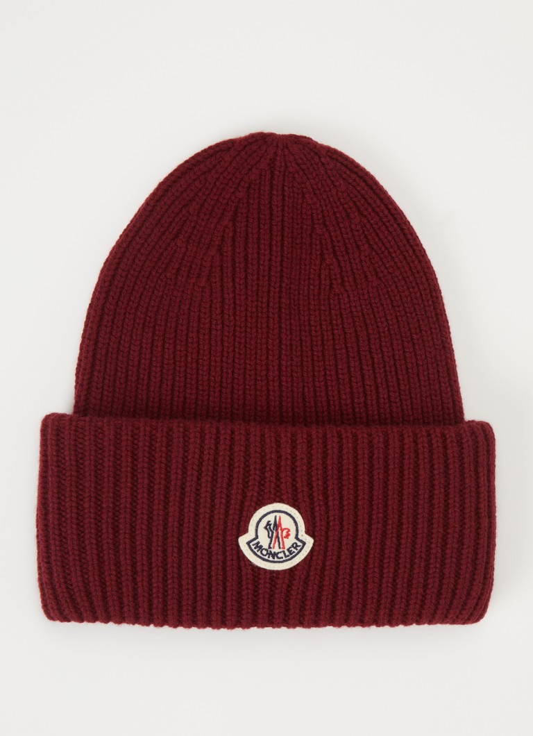 Moncler Heren Ribgebreide muts in kasjmierblend met logo in de kleur Bordeauxrood, maat: One Size