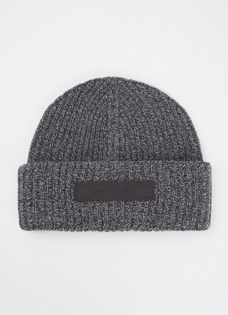 Moncler Heren Ribgebreide muts in kasjmierblend met logo in de kleur Grijsmele, maat: One Size