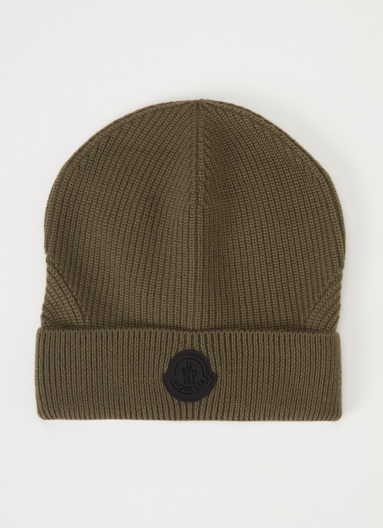 Moncler Heren Ribgebreide muts van scheerwol met logo in de kleur Bronsgroen, maat: One Size