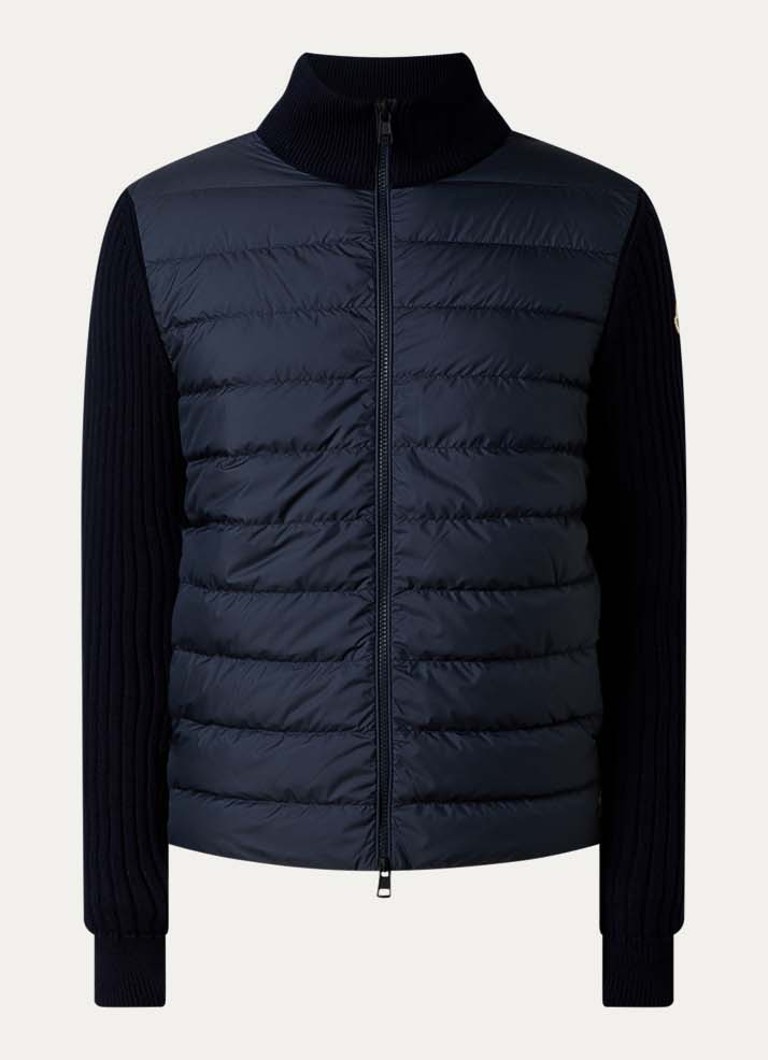 Moncler Heren Ribgebreid vest met gewatteerd voorpand en logo in de kleur Blauw, maat: XL