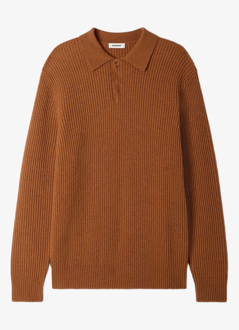 Sandro Heren Ribgebreide trui van wol met polokraag in de kleur Bruin / Oranje