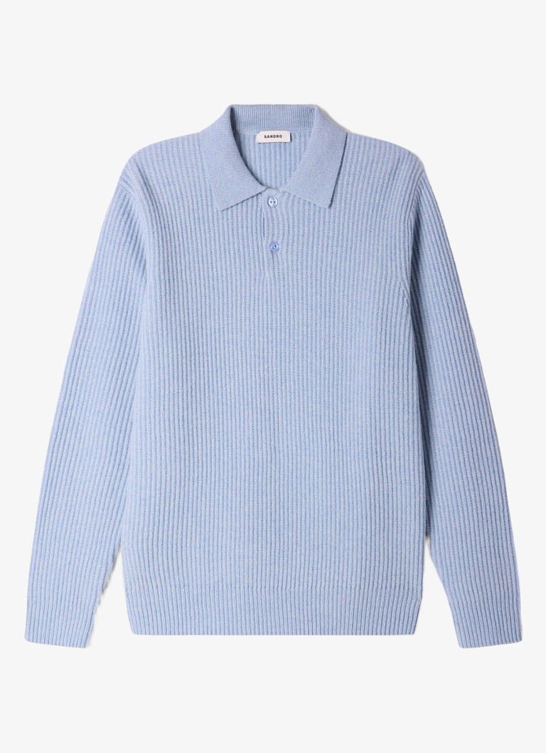 Sandro Heren Ribgebreide trui van wol met polokraag in de kleur Blue Sky / Lichtblauw