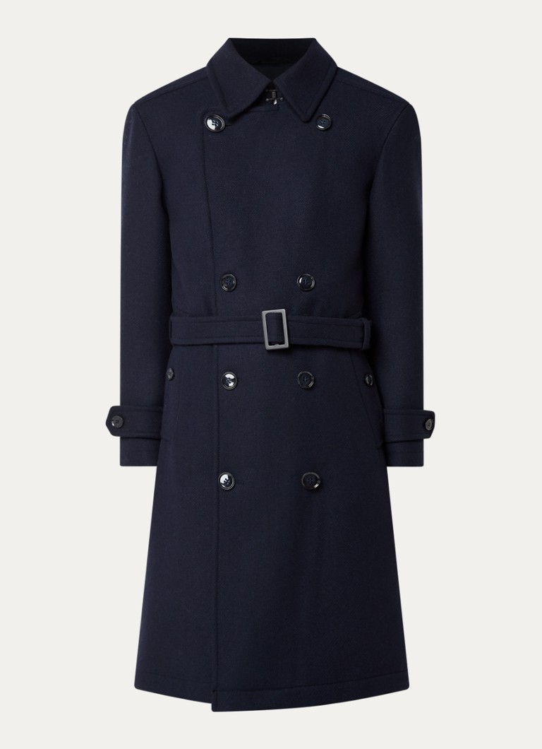 Strellson Heren The 3.0 trenchcoat in wolblend met steekzakken in de kleur Donkerblauw, maat: 52