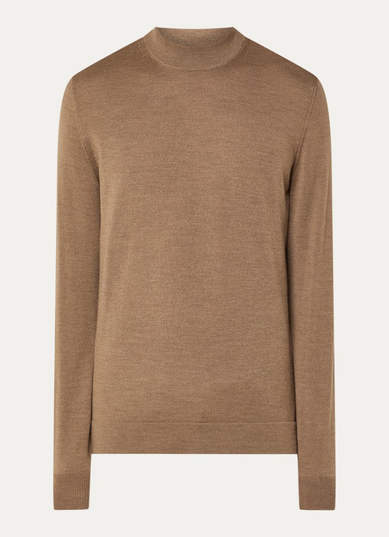 Strellson Heren Marek fijngebreide pullover van wol met col in de kleur Donkerbeige, maat: M