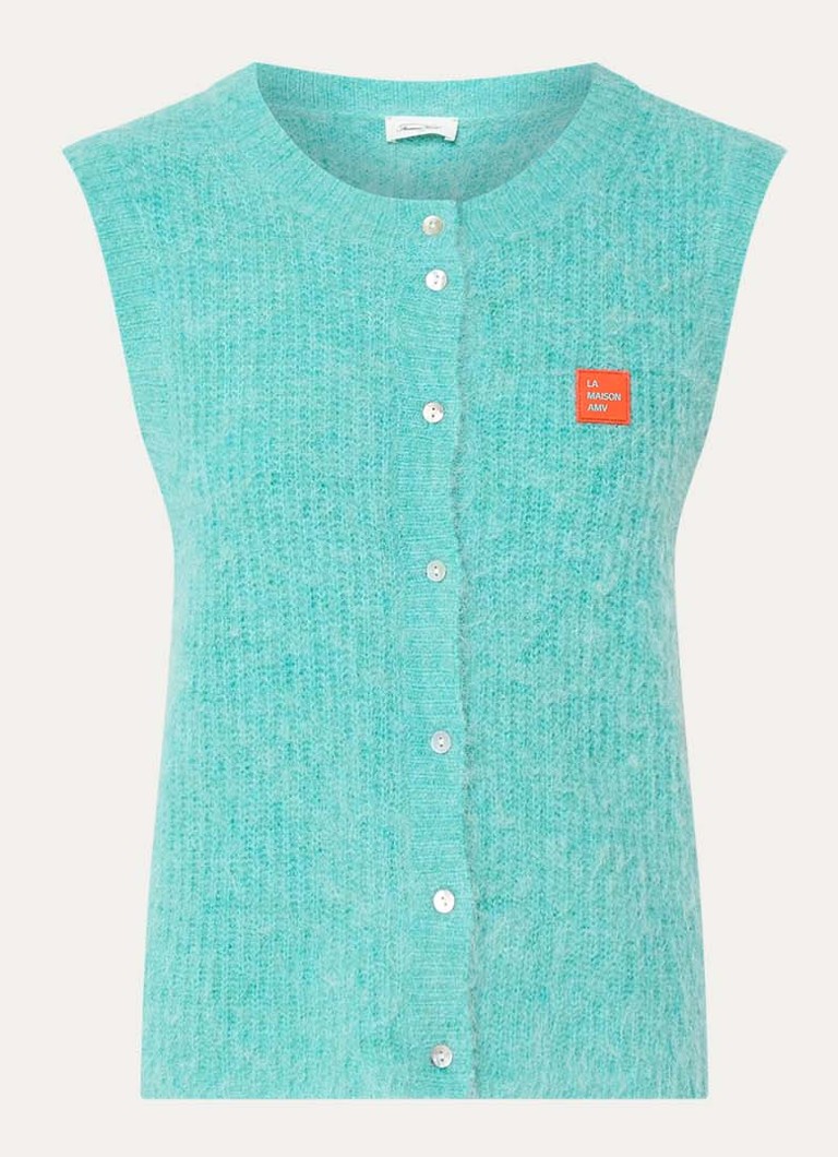 American Vintage Dames East fijngebreid gilet in alpaca wolblend met logo in de kleur Turquoise, maat: S