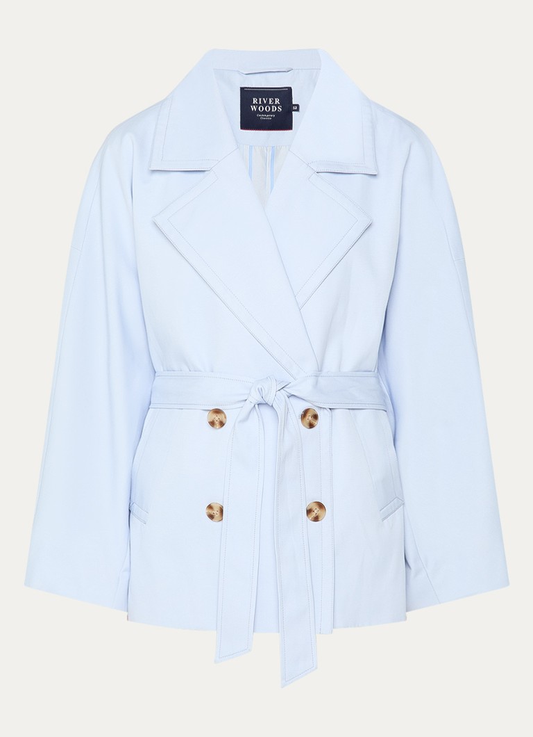 River Woods Dames Double-breasted trenccoat met strikceintuur en steekzakken in de kleur Lichtblauw