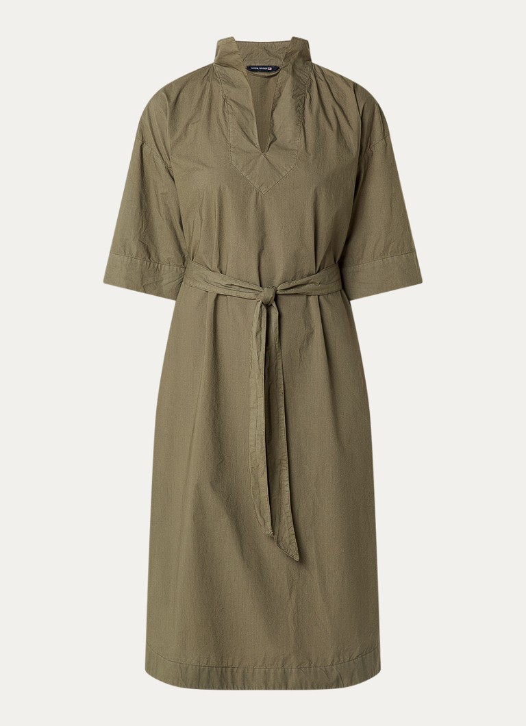 River Woods Dames Midi tuniekjurk met steekzakken en strikceintuur in de kleur Legergroen