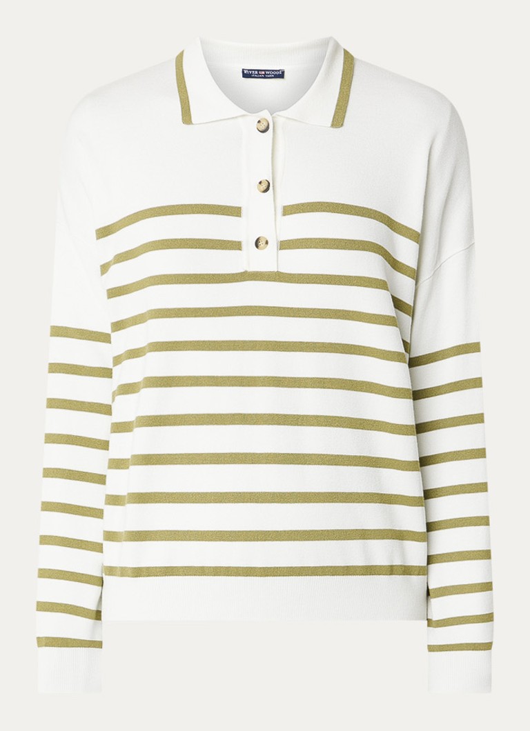 River Woods Dames Fijngebreide trui met streepprint en polokraag in de kleur Olijfgroen