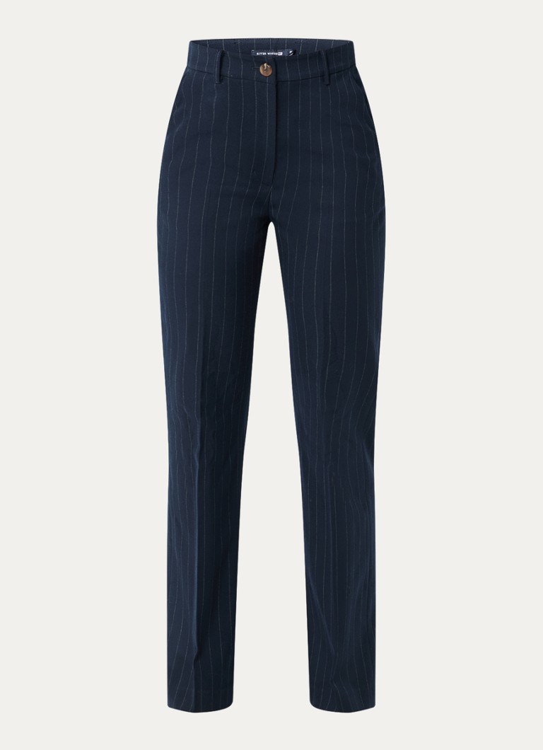 River Woods Dames Mid waist slim fit pantalon met krijtstreep in de kleur Donkerblauw