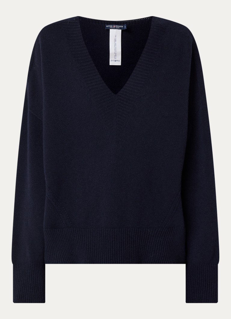 River Woods Dames Fijngebreide trui van wol met ronde hals in de kleur Donkerblauw