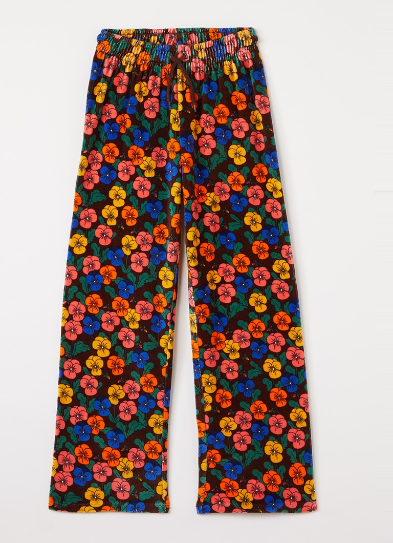 Mini Rodini Meisjes Violas wide fit joggingbroek van fluweel met bloemenprint in de kleur Roodbruin, maat: 140/146