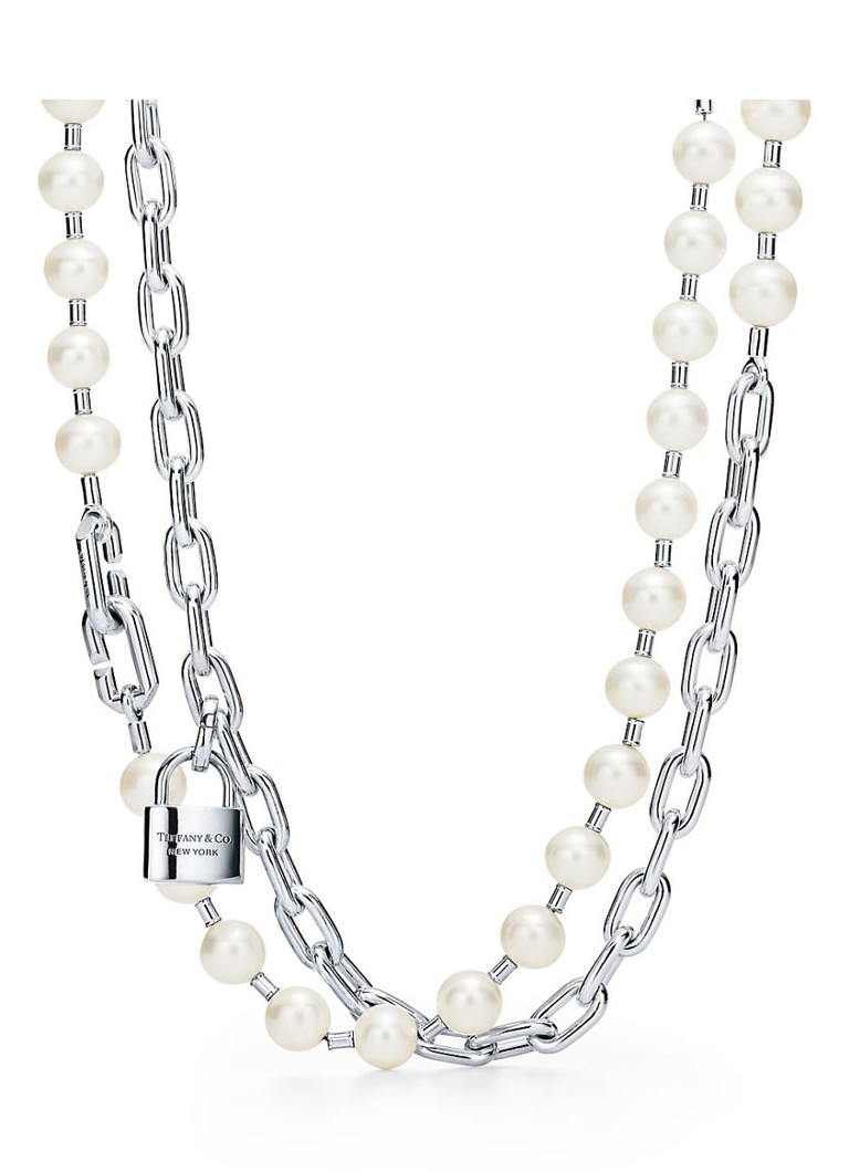 Tiffany & Co. Heren Lock parelketting van sterling zilver, 9-10 mm 57567 in de kleur