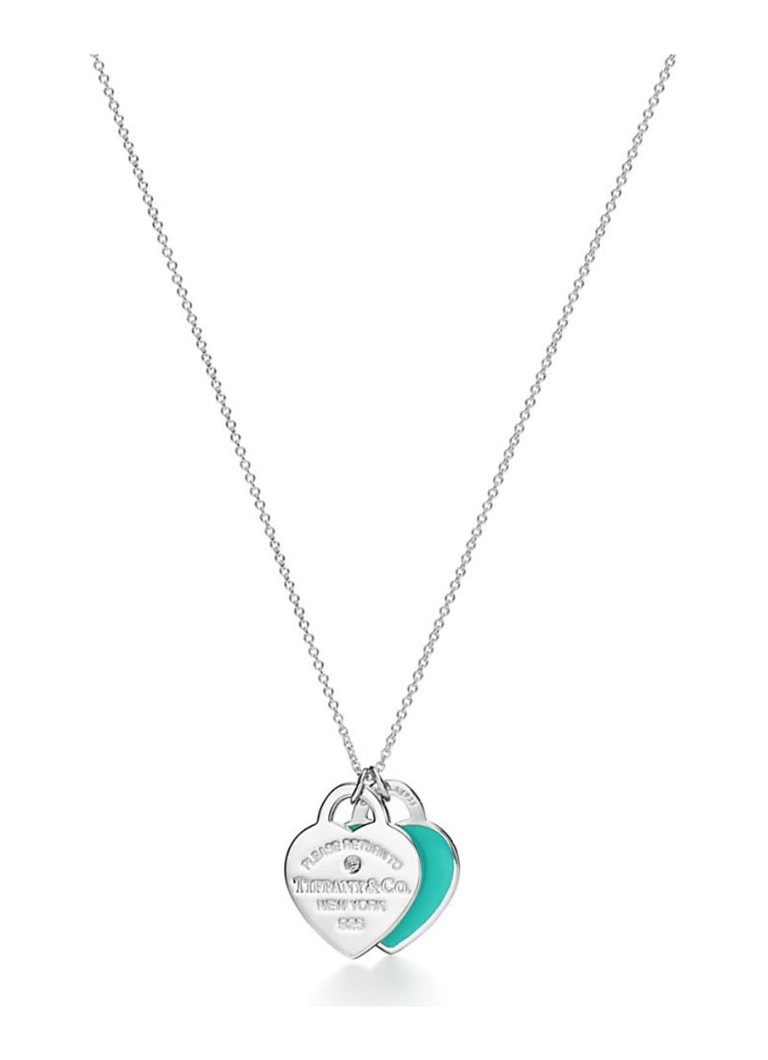 Tiffany & Co. Dames Blue Double Heart Tag Small ketting van sterling zilver met diamant 76434 in de kleur