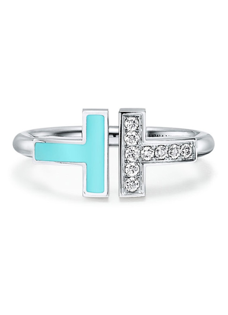 Tiffany & Co. Dames Tiffany T Wire ring van 18 karaat witgoud met diamant en turkoois 57533 in de kleur
