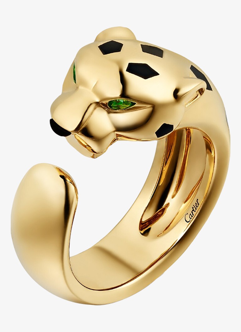Cartier Dames Panthère de Cartier ring, medium model van 18 karaat geelgoud met onyx en tsavoriet granaat CRB42308 in de kleur Geelgoud