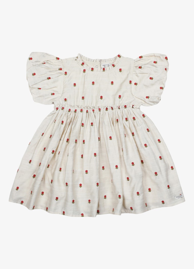 Donsje Amsterdam Meisjes Camilla Red Roses mini jurk met bloemenprint in de kleur Zand, maat: 6Y-7Y=122