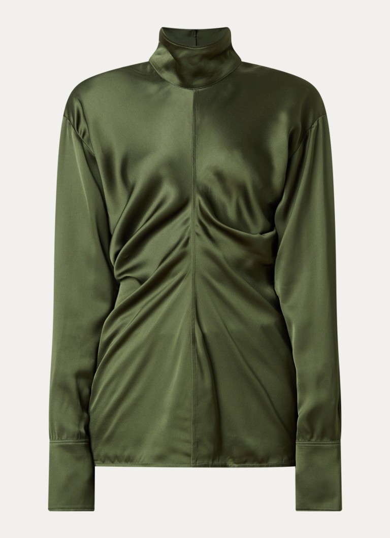TOTEME Dames Blouse van satijn met opstaande kraag en plooidetail in de kleur Donkergroen, maat: 34