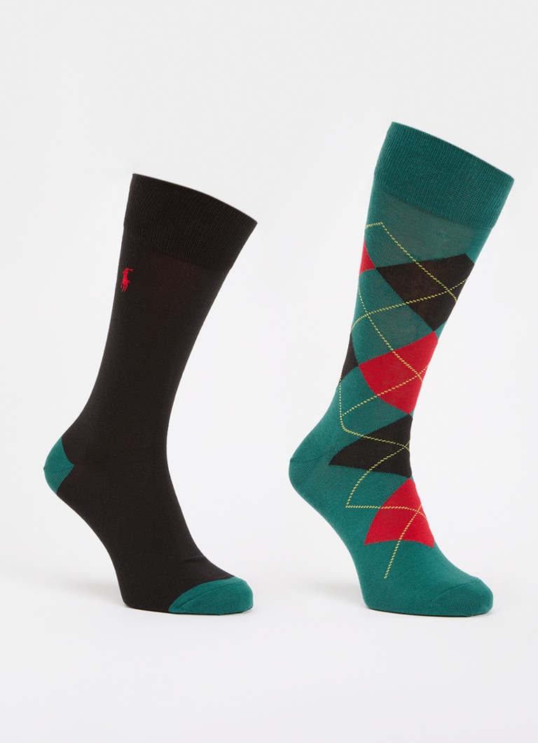 Ralph Lauren Heren Argyle Crew sokken met logoborduring in 2-pack in de kleur Donkergroen, maat: 10/13