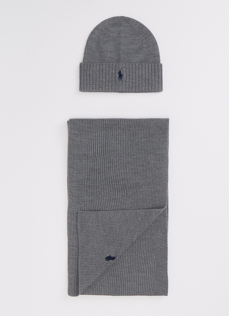 Ralph Lauren Heren Fijngebreide muts en sjaal van wol in giftbox in de kleur Grijs, maat: OSZ