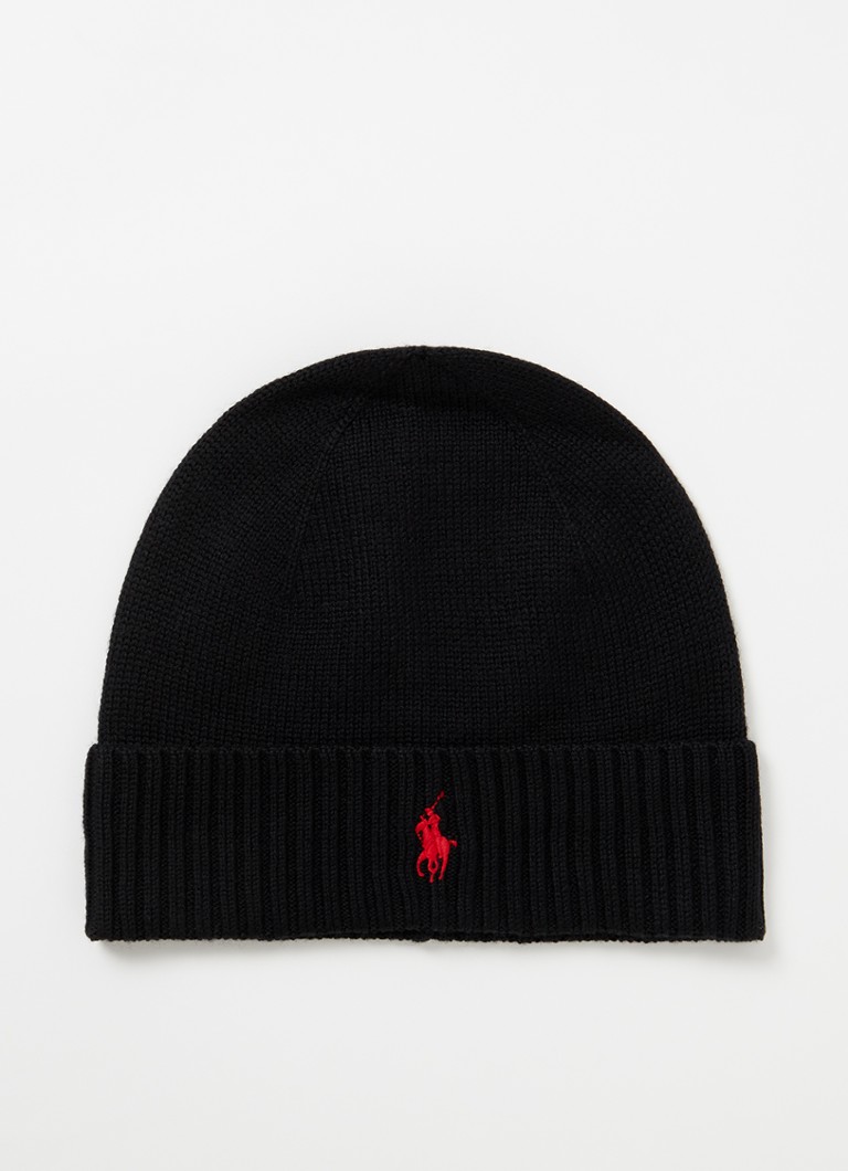 Ralph Lauren Heren Fijngebreide muts van wol met logoborduring in de kleur Diepzwart, maat: ONE SIZE