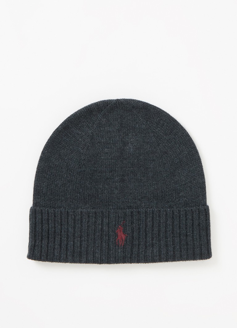 Ralph Lauren Heren Fijngebreide muts van wol met logoborduring in de kleur Antraciet, maat: ONE SIZE