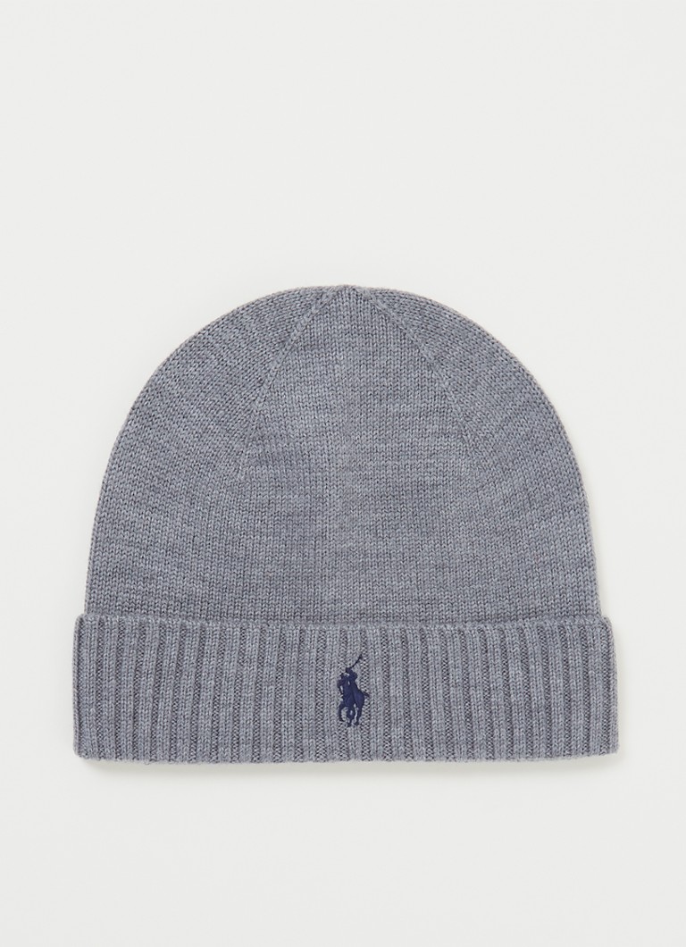 Ralph Lauren Heren Fijngebreide muts van merinowol met logoborduring in de kleur Grijs, maat: ONE SIZE