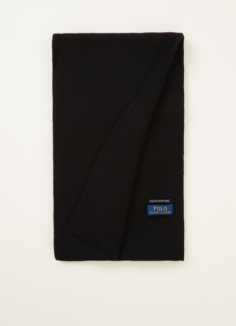 Ralph Lauren Heren Ribgebreide sjaal van wol 180 x 25 cm in de kleur Zwart, maat: ONE SIZE