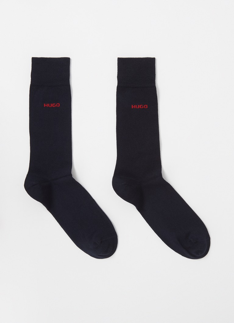 HUGO Heren Set van twee paar sokken met normale lengte en logo in de kleur Donkerblauw