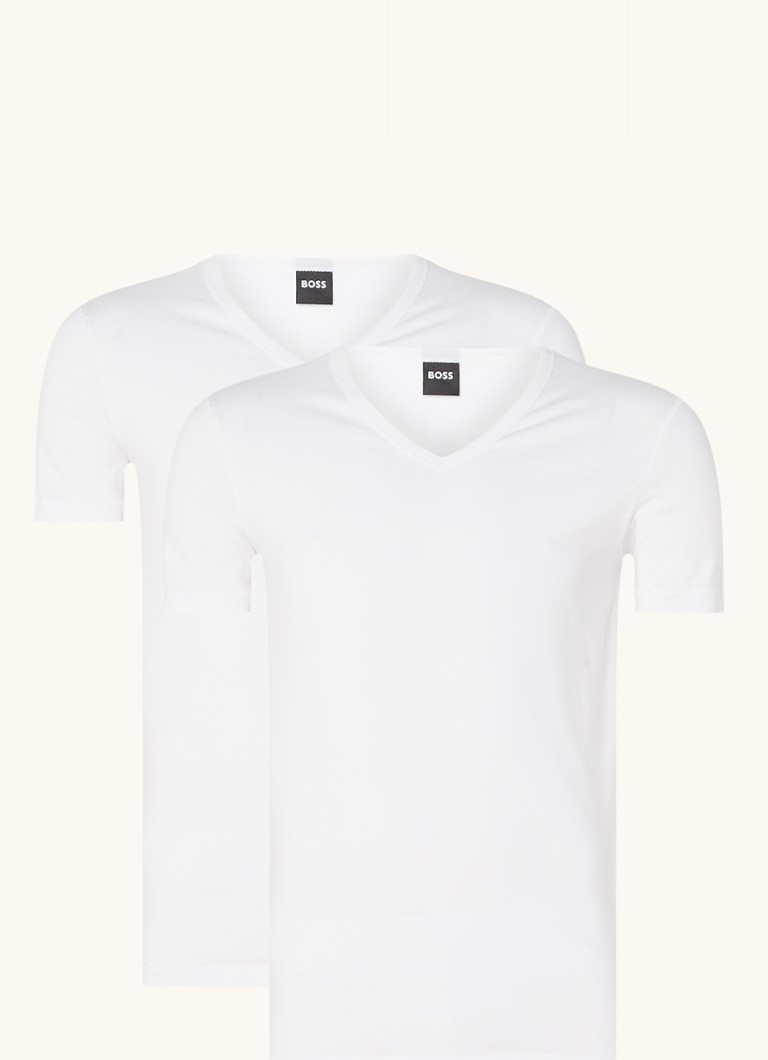 BOSS Heren T-shirt met V-hals en stretch in 2-pack in de kleur Wit