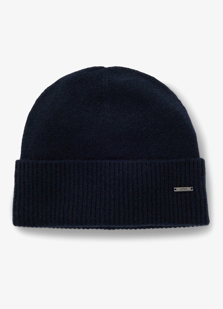 BOSS Heren Honesto fijngebreide muts van kasjmier met logo in de kleur Dark Blue-404 / Blauw