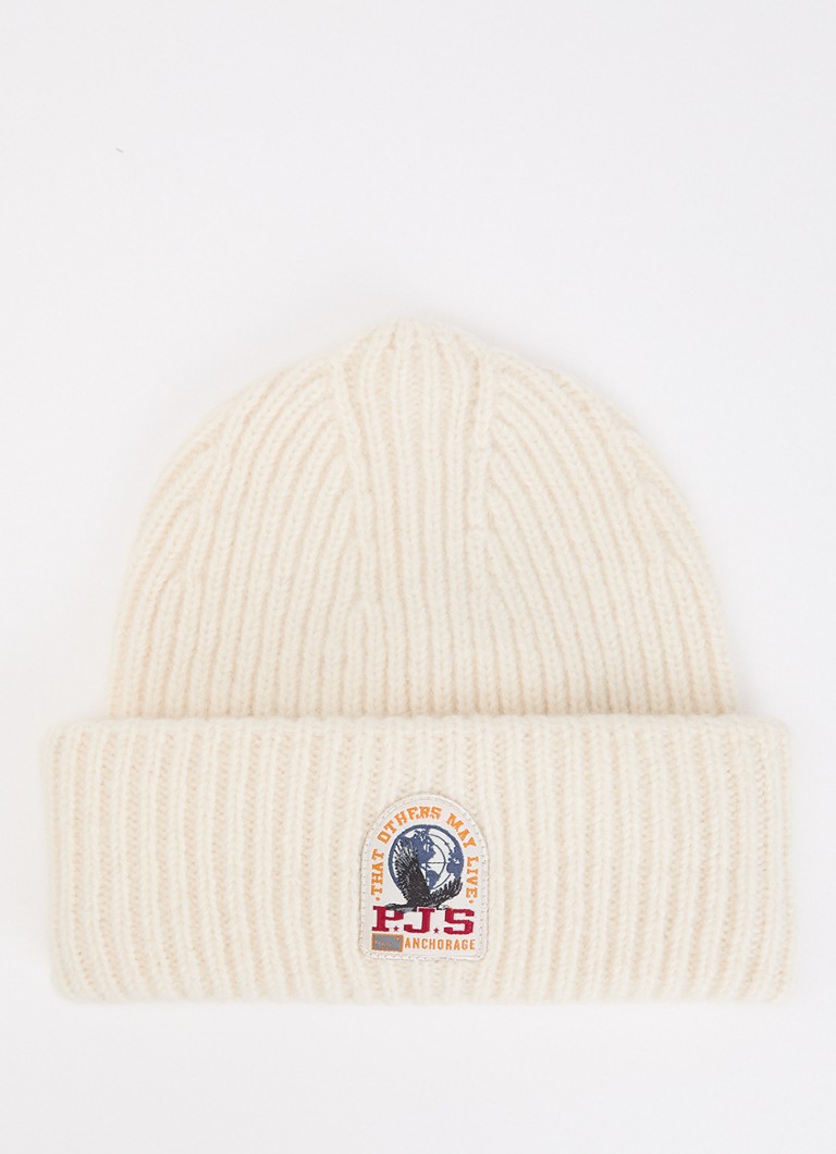 Parajumpers Dames Mooneye ribgebreide muts in wolblend met logo in de kleur Creme, maat: L/XL