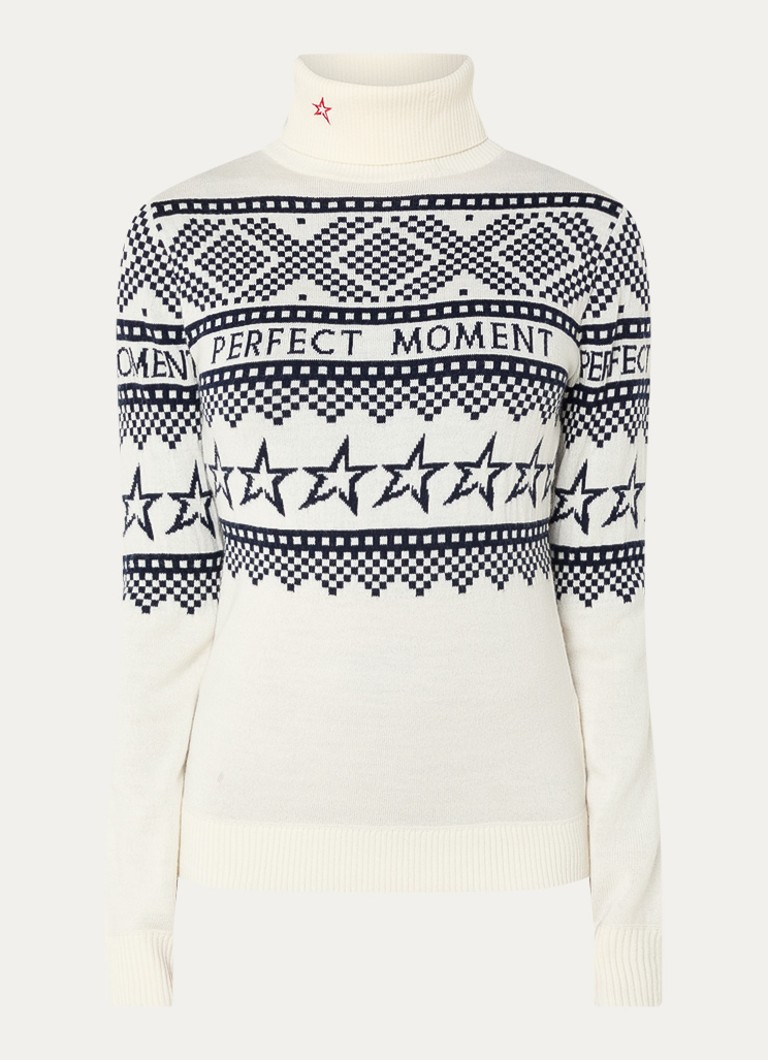 Perfect Moment Dames Holiday grofgebreide trui van merino wol met ingebreid patroon in de kleur Ivoor, maat: S