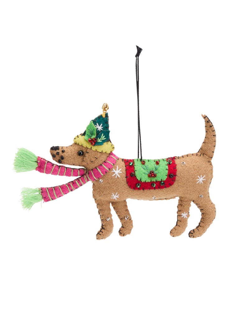 Meander Hond met muts kersthanger 10 cm Beige - Deal