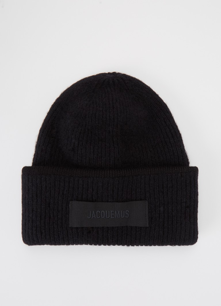 Jacquemus Heren Le Bonnet ribgebreide muts in alpaca wolblend met logo in de kleur Zwart, maat: OS