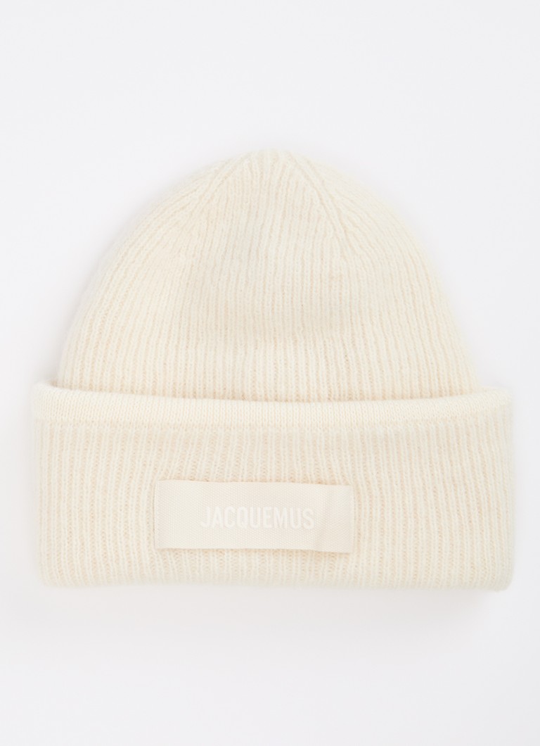 Jacquemus Heren Le Bonnet ribgebreide muts in alpaca wolblend met logo in de kleur Gebroken wit, maat: OS