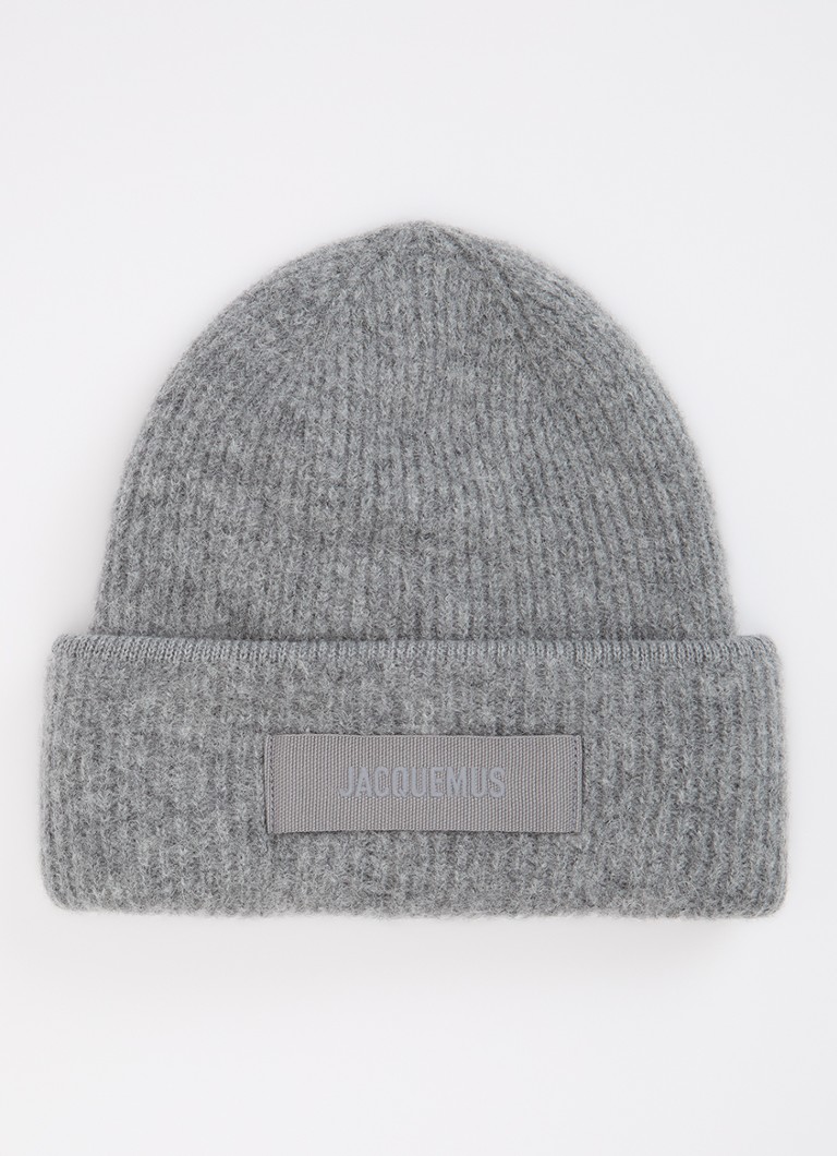 Jacquemus Heren Le Bonnet ribgebreide muts in alpaca wolblend met logo in de kleur Grijs, maat: OS