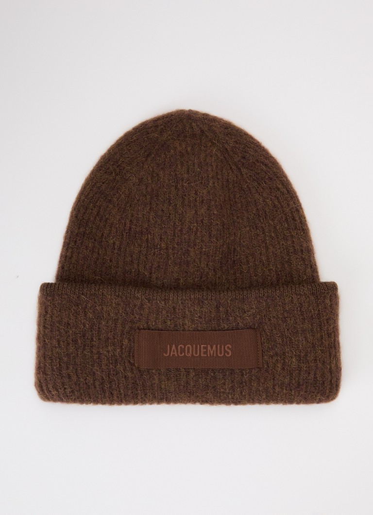 Jacquemus Heren Le Bonnet ribgebreide muts in alpaca wolblend met logo in de kleur Bruin, maat: OS