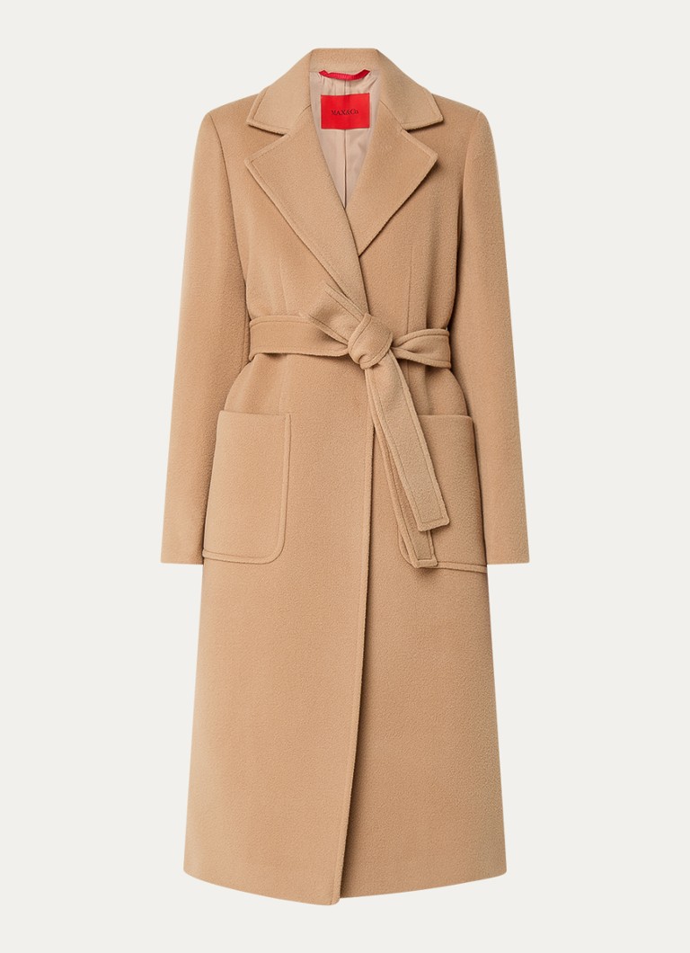 Max & Co Dames Runaway mantel van wol met strikceintuur en opgestikte zakken in de kleur Camel