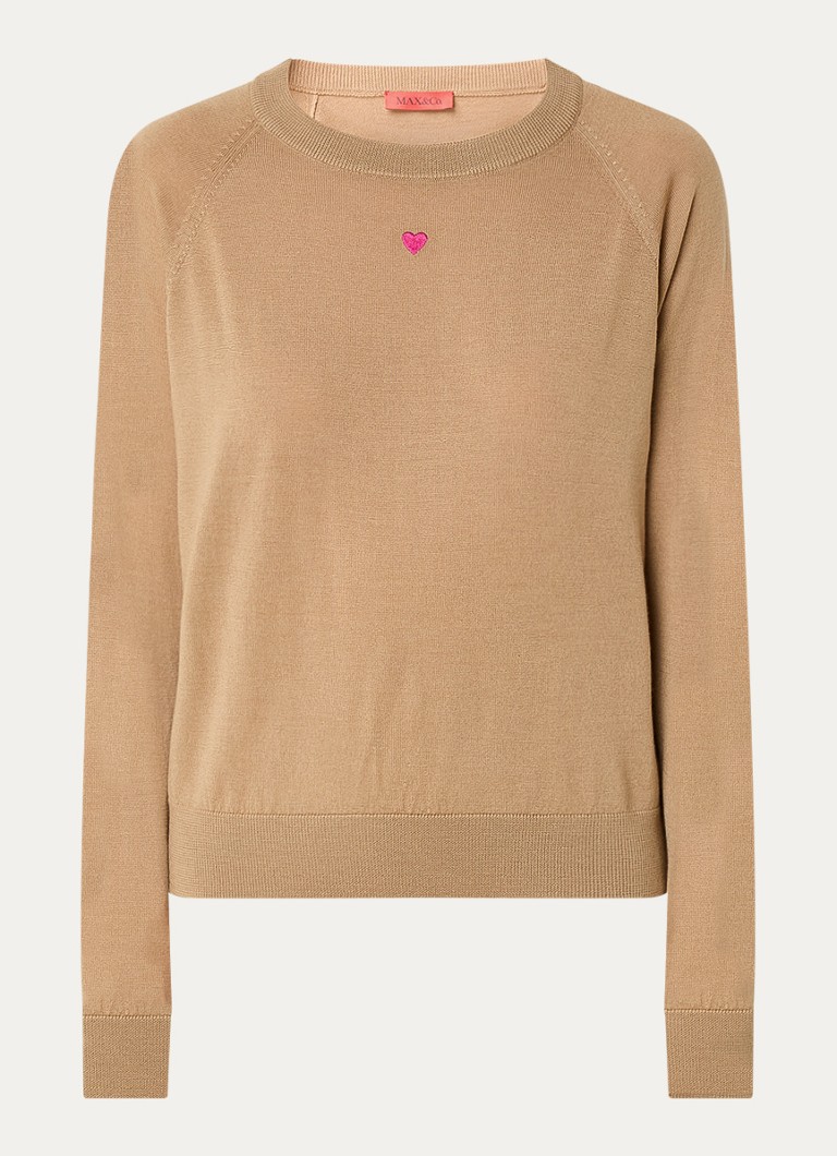 Max & Co Dames Doberman fijngebreide pullover van scheerwol met borduring in de kleur Camel