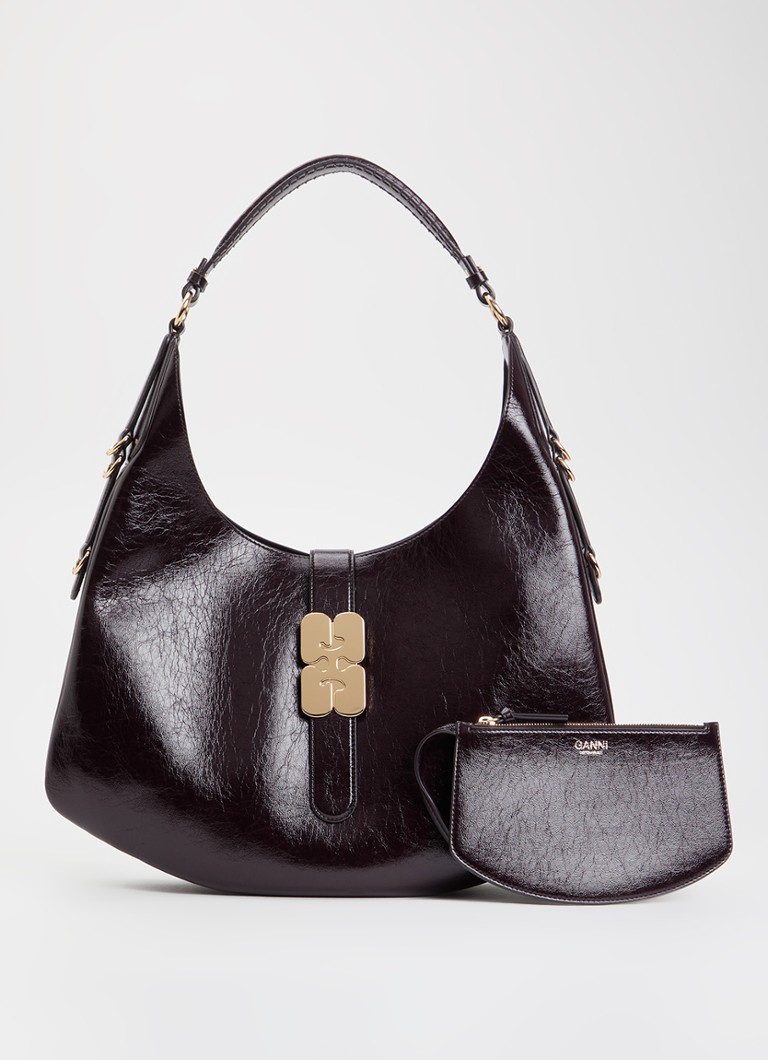 Ganni Dames Kat Large schoudertas van lakleer met uitneembaar etui in de kleur Aubergine, maat: ONE SIZE
