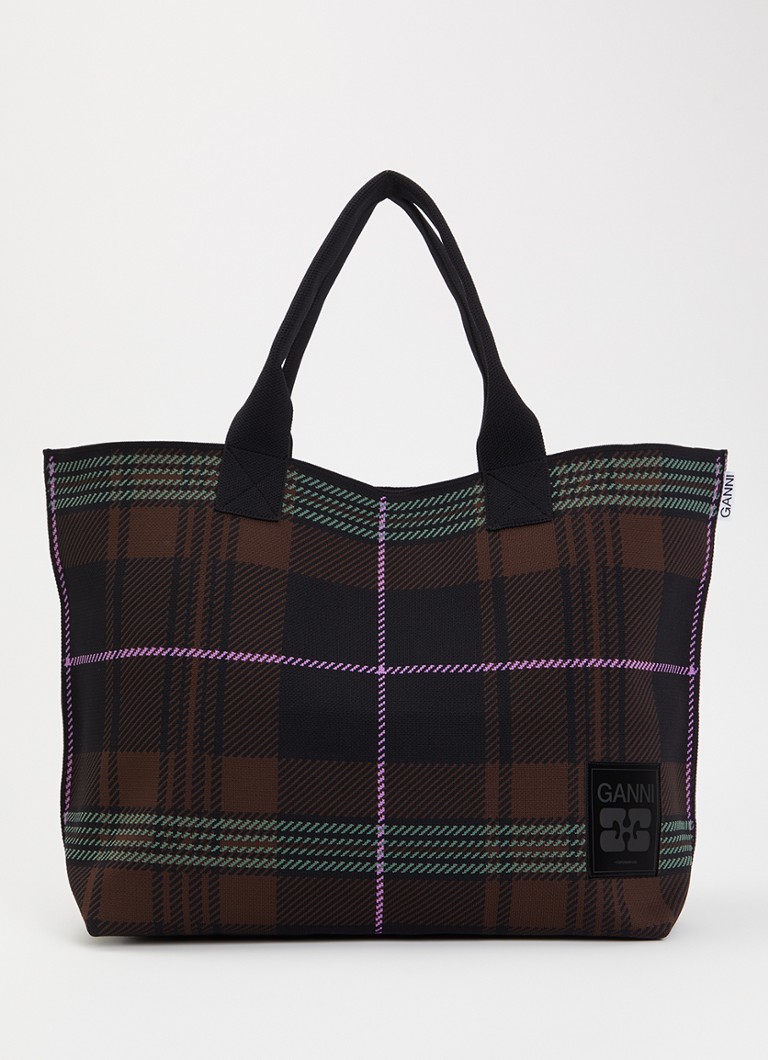 Ganni Dames Knit Easy shopper met ruitdessin in de kleur Donkerbruin, maat: ONE SIZE