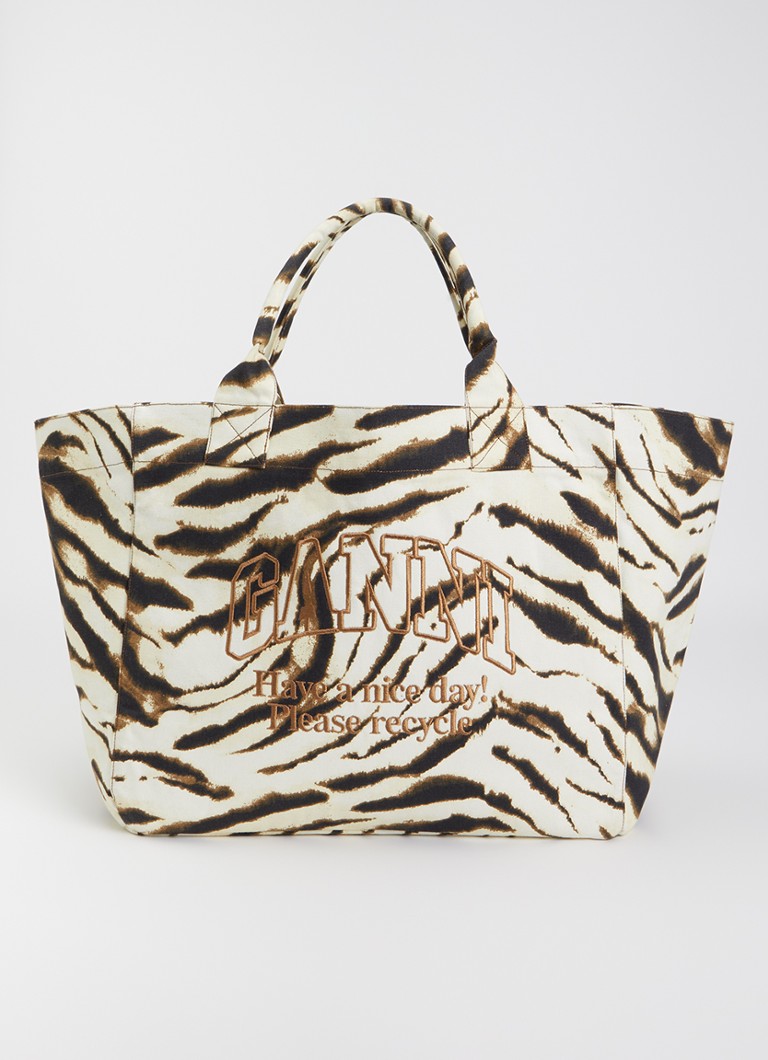 Ganni Dames Shopper met zebraprint en logoborduring in de kleur Beige, maat: ONE SIZE