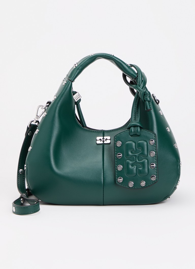Ganni Dames Hobo Mini handtas van leer met studs in de kleur Donkergroen, maat: ONE SIZE