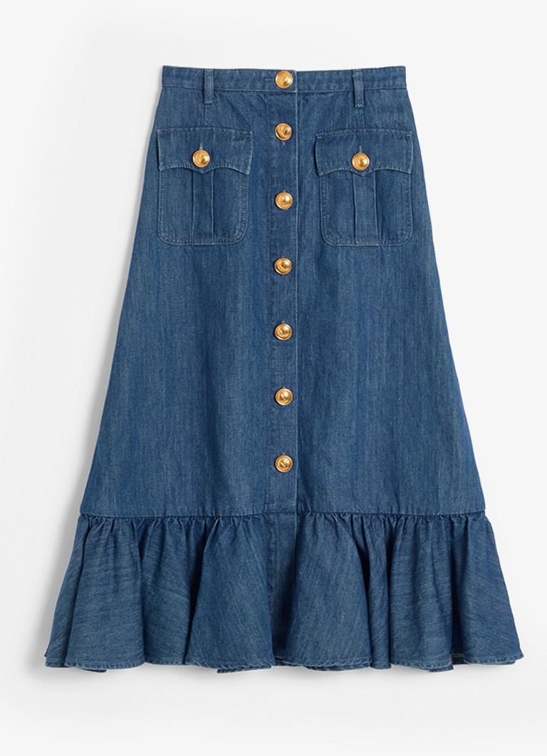 Valentino Garavani Dames Midi A-lijn spijkerrok in linnenblend met klepzakken in de kleur Indigo